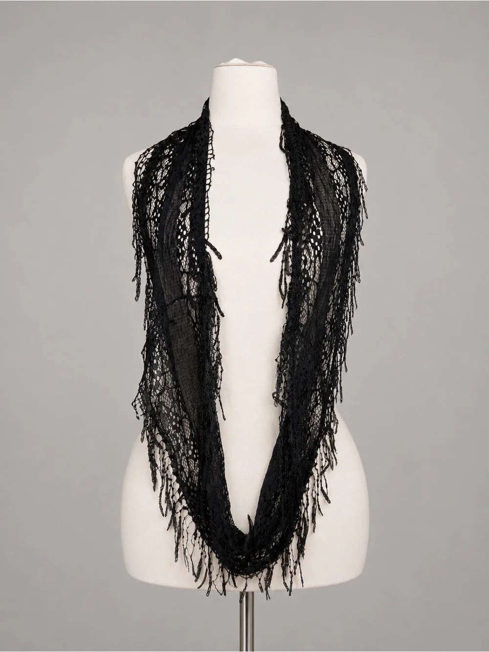 Black Lace Infinity Scarf Fringe Sheer Boho Gothic Festival Lightweight Wrap OS